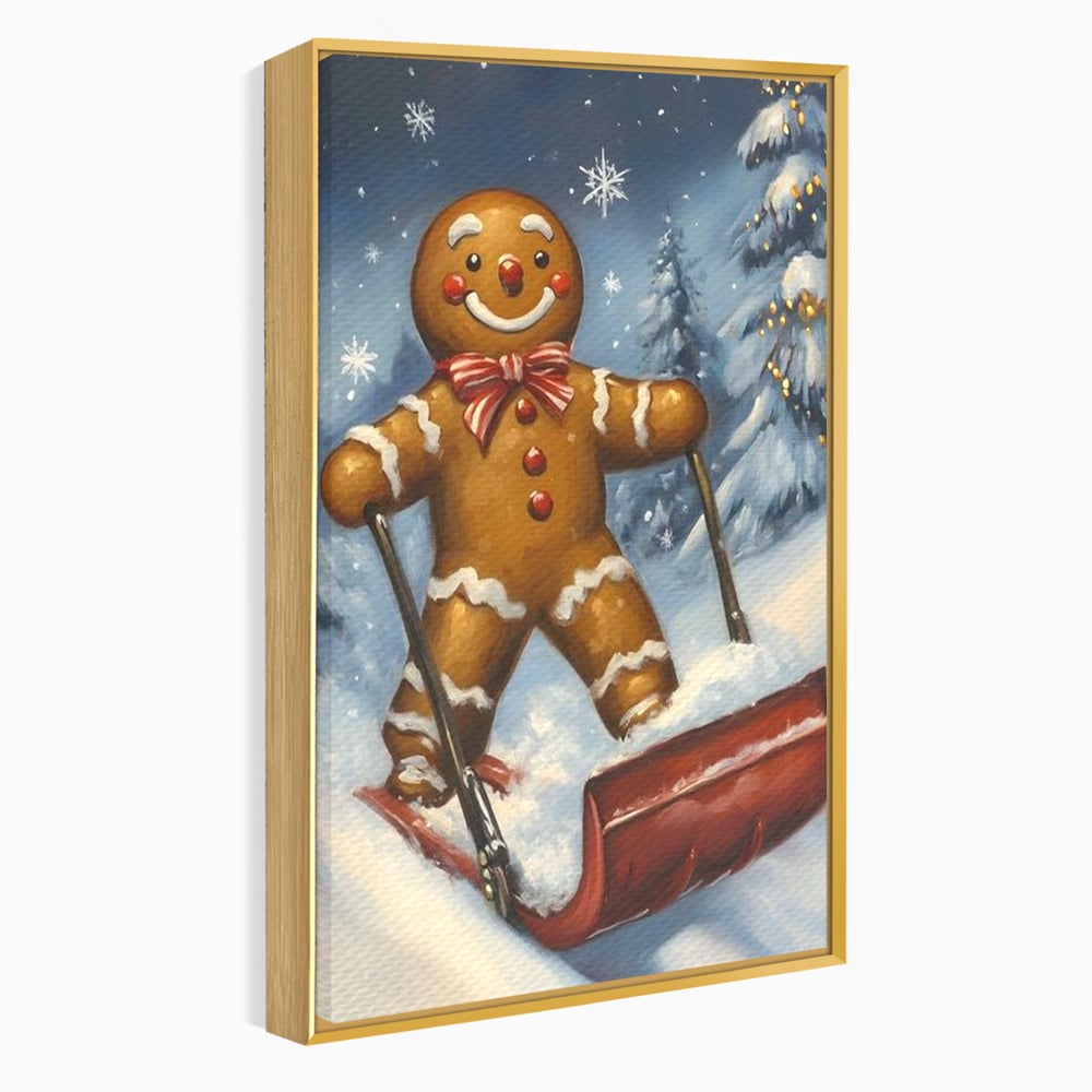 Tablou canvas cu ilustratie omulet turtita pe sanie, in rama de aluminiu auriu